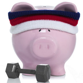 piggy bank with sweatband and weight