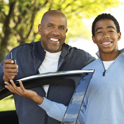 son buying card with dad