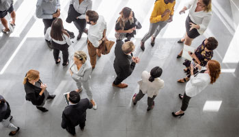 Overhead view of several people in business attire talking in groups.