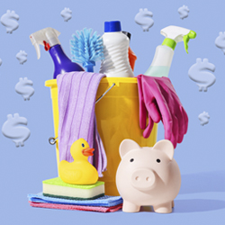 piggy bank with cleaning supplies